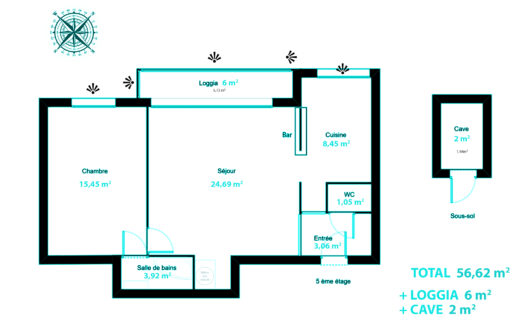 À vendre T2 56,62 m² + belle loggia 6 m² + cave 2 m²